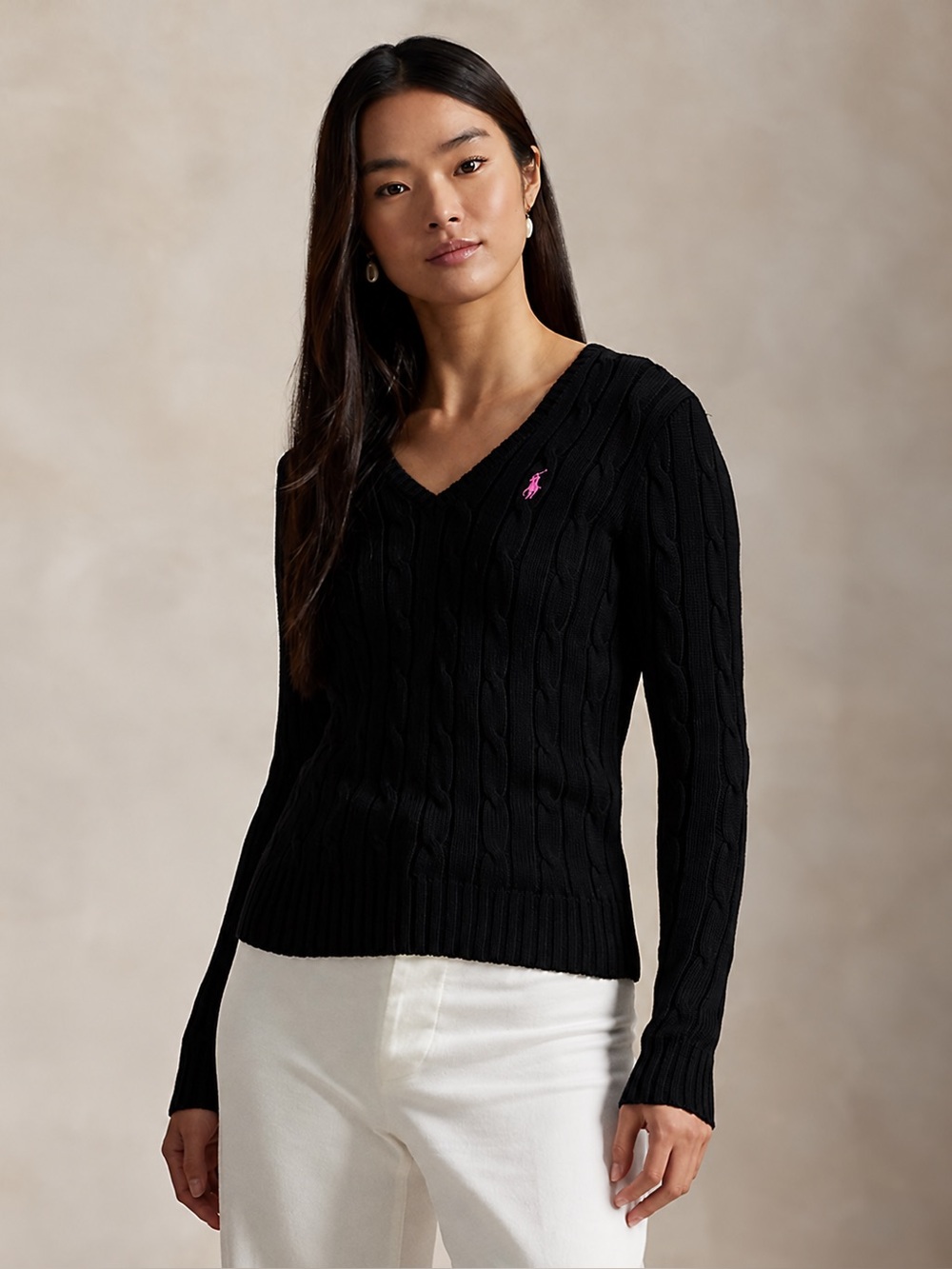 Ralph Lauren Sport Large Black Cable-Knit V-Neck Sweater with Pink Pony